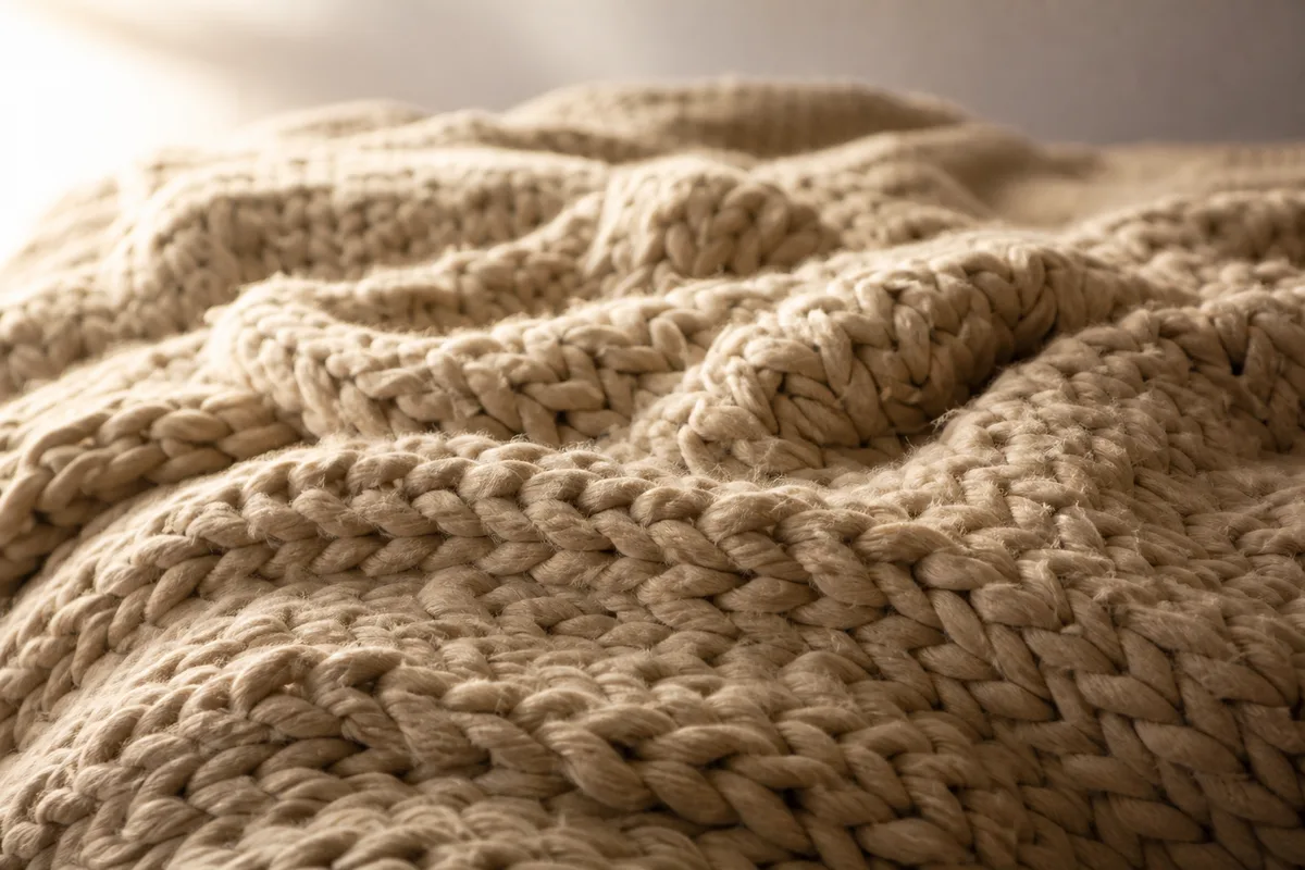 Gros plan sur un plaid en grosse laine beige froissé recouvrant un lit, sans aucun objet posé dessus