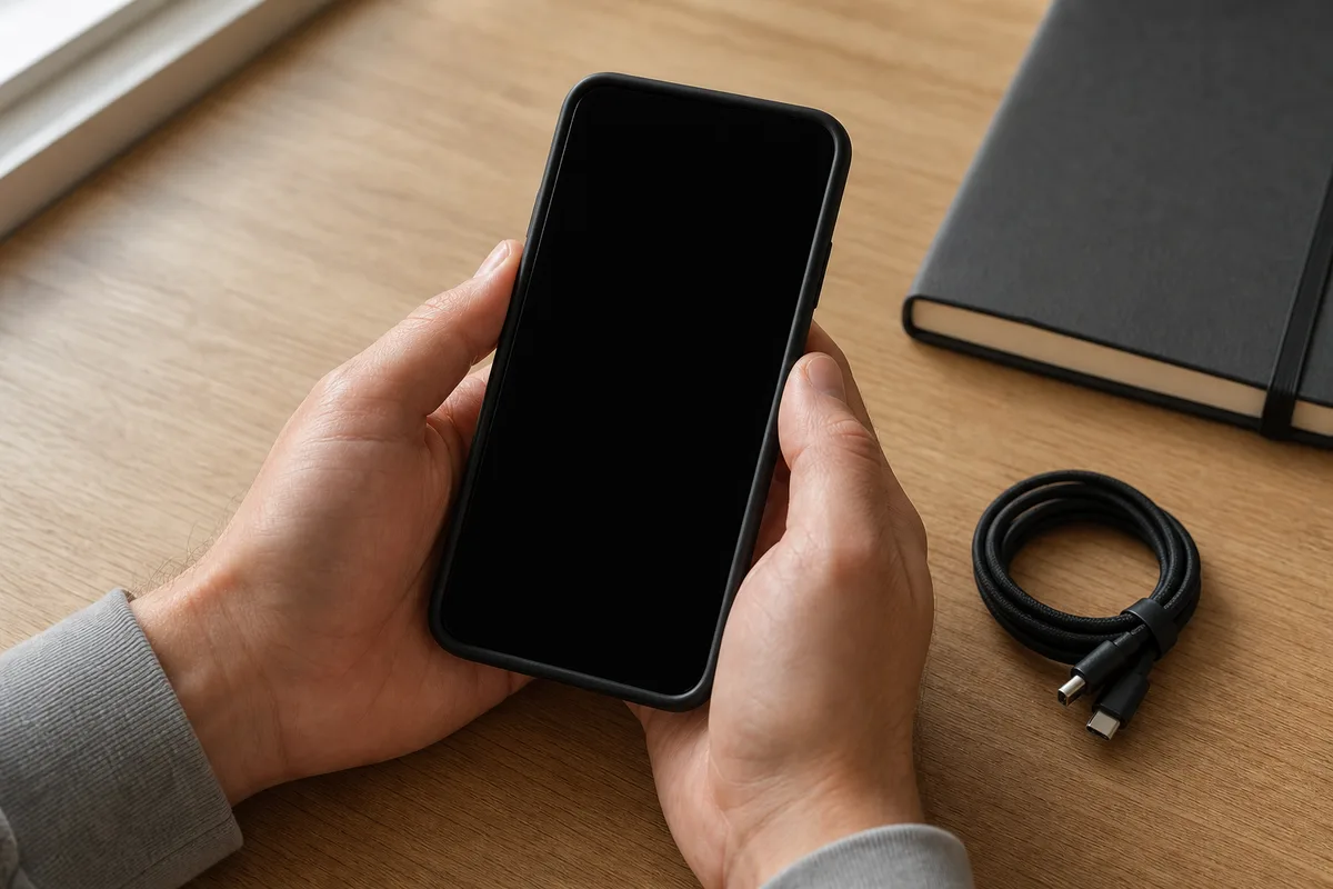 Mains tenant un smartphone au-dessus d&rsquo;un bureau clair, à côté d&rsquo;un carnet fermé