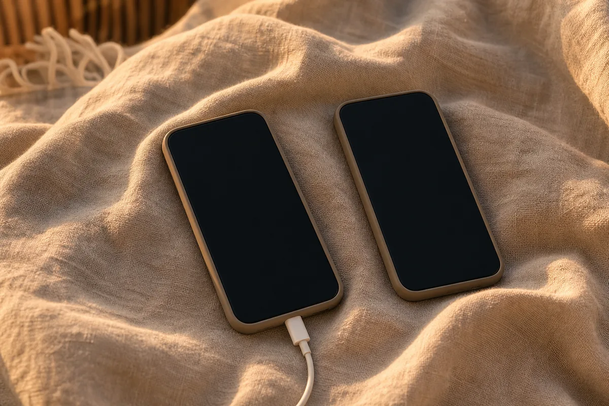 Deux smartphones posés sur un plaid en lin, l&rsquo;un relié à un câble de charge