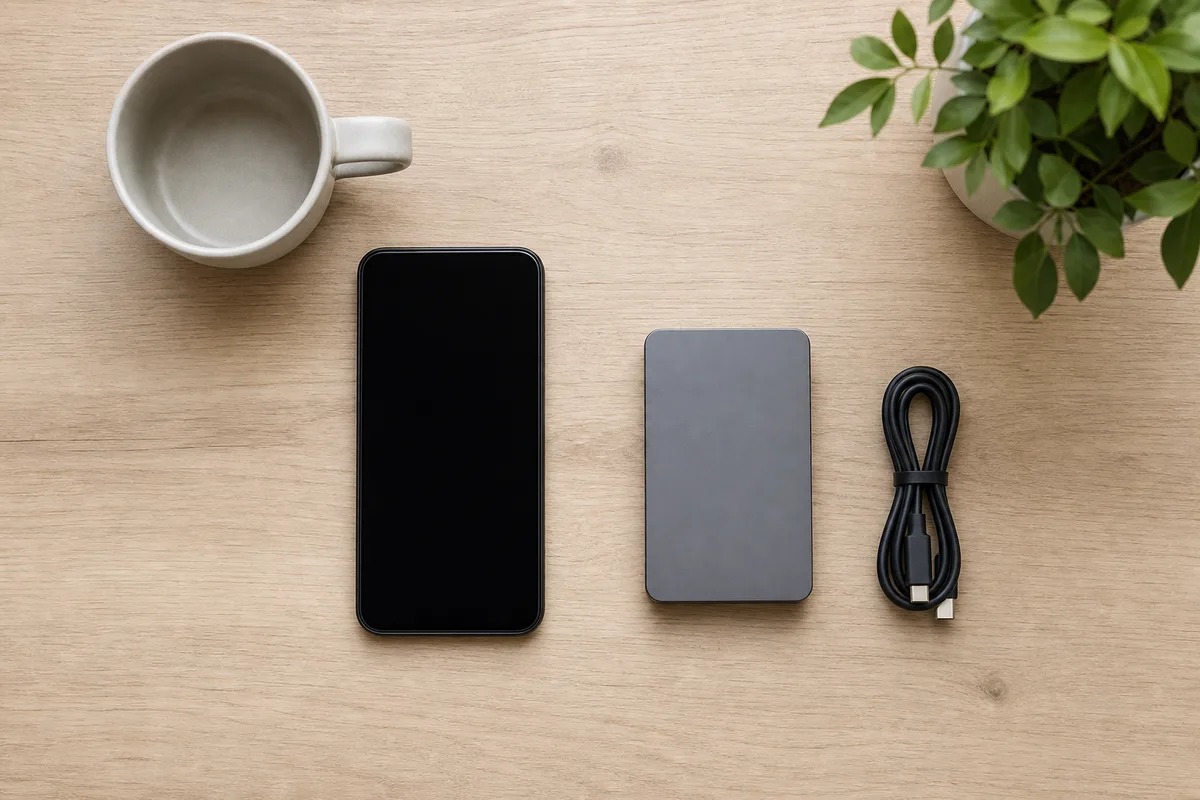 Vue en plongée d&rsquo;un bureau minimaliste avec un smartphone, un disque externe et un câble
